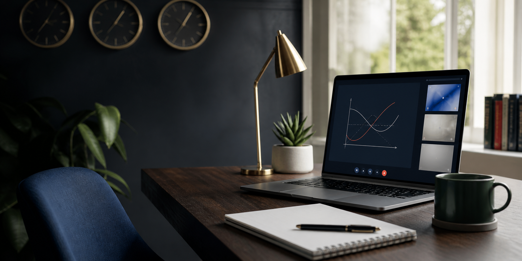 A premium online tutoring desk setup with a laptop, notebook, and focused study materials.